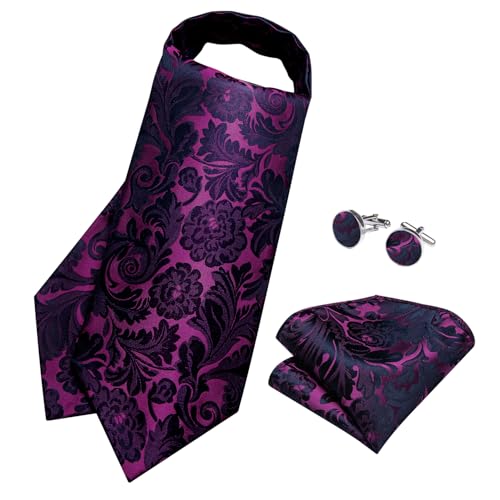 Image of DiBanGu Mens Silk Ascot Ties Paisley Jacquard Woven Cravat and Pocket Square Cufflinks with Lapel Pin for Business Wedding