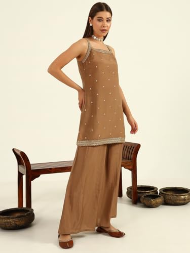 Image of FIORRA Women's Brown Viscose Chanderi Straight Kurta with Palazzo and Dupatta
