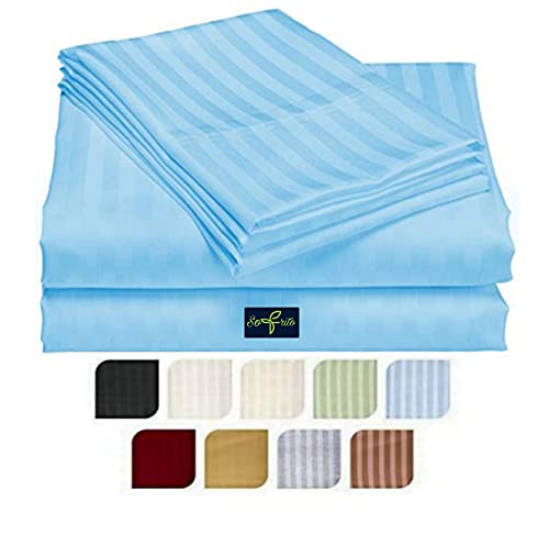 Image of Sofrito Bed Sheet Glace Cotton Striped - 300 TC - Super King (108 inchx108 inch) - with 2 Pillow Cover | Ideal for Hospitals, Clinics, Hostels, PGs, Hotels & Guest Houses | Baby Blue