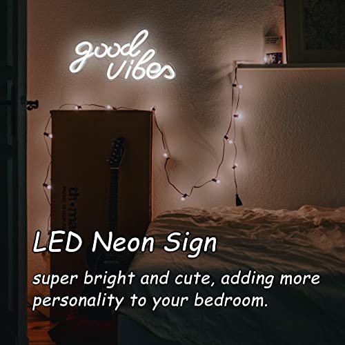 Image of Good Vibes Neon Sign White Good Vibes Neon Lights USB Operated Aesthetic LED Signs for Bedroom Wall Decor Birthday Party Wedding Salon Bar Home Girl Cave