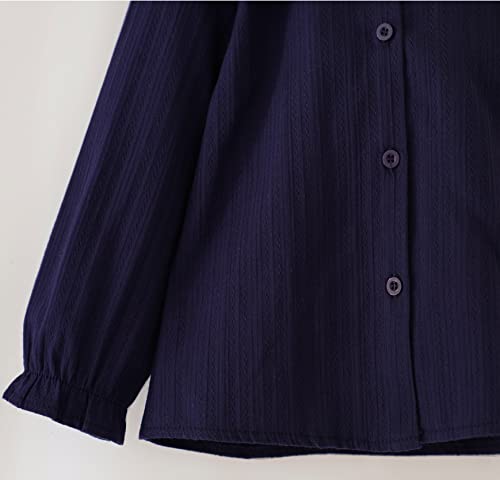 Girls’ Long Sleeve Button-Down Blouse Wide Peter Pan Collar Dress Shirts 9 Navy, 4-5T4