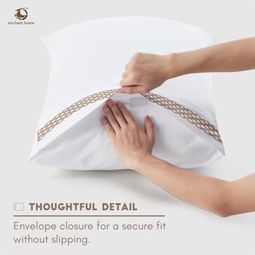 Image of Pure Cotton 500 TC Bag Type Pillow Cover Set | Greek Embroidered Pillow Cover Set | Percale Weave | 18 X 27 Inches (2, Beige Lattice Border)