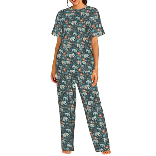 Pyjama court éléphant floral pour femme ensemble de nuit léger en maille douce pour l'été