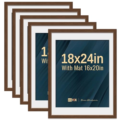 Image of VCK 18x24 Poster Frame 5 Pack, Brown Wood, 16x20 Mat, for Wall Art