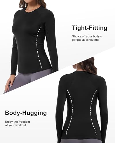 Pacote com 4 camisetas de treino para mulheres, camisetas de compressão, atléticas, manga comprida,