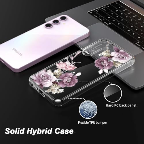 Image of VONZEE Clear Transparent Flower Case Compatible with Samsung Galaxy A55 5G, Shockproof Floral Design PC+TPU Back Cover, Camera Protection Slim Protective Phone Case for Women & Girls, Deep Purple