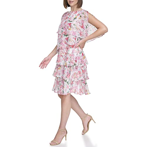 Jessica Howard Women's Printed Foil Chiffon Tiered-Cocktail Or Party Dress, Pink, 12 Petite #TOP1