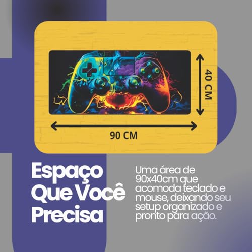 Mousepad Gamer Extra Grande 90x40cm Alpha Desk Neon Joystick - Base Antiderrapante, Costura Reforçad