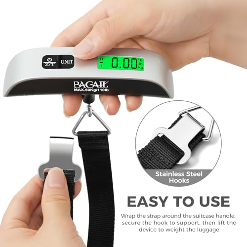 Image of BAGAIL Digital Luggage Scale, 110lbs Hanging Baggage Scale with Backlit LCD Display, Portable Suitcase Weighing Scale, Travel Luggage Weight Scale with Hook, Strong Straps for Travelers