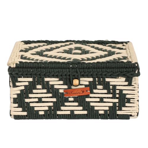Image of Kaahira Handmade Decorative Storage Box and Organiser | Macrame Gift Hamper Box for Cosmetics, Toiletries & Return Gifts | Aesthetic Rope Woven Organizer (Green and White, Small - 9x6x4 inches)