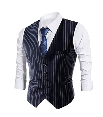 GATMSTZ Men Formal Pinstripe 5 Buttons Suit Vest Slim Fit V-neck Groom Waistcoat