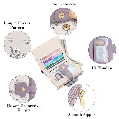 Image of GAEKEAO Small Wallets for Women RFID Blocking Bifold Floral Vegan Leather Wallet Card Holder with ID Window & Zipper Pocket