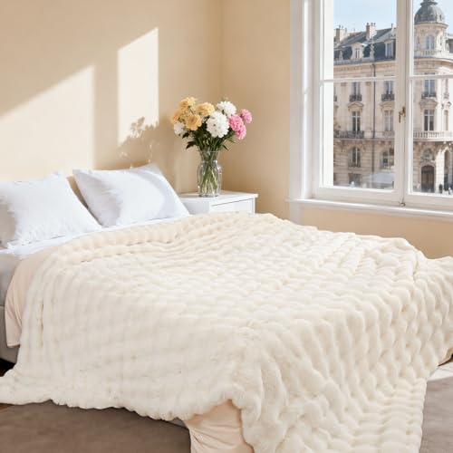 Enyhom Bubble Decke 127x152 cm Creme, Kaninchen Fellimitat Flauschig Weiche Warme Kuscheldecke, Sofadecke für Sofa Couch Bett Haustier Schlafzimmer Wohnzimmer Deko