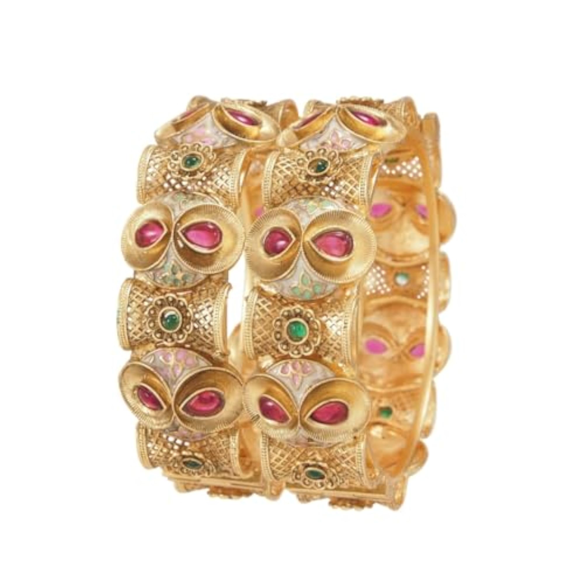 Traditional Gold-Plated Antique Bangles with Ruby & Green Stone