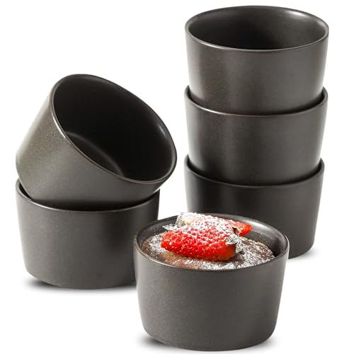 Tikooere Ramekins 4 oz, Oven Safe Soufflé Dishes for Creme Brulee, Souffle, Pudding, Lava Cake, Stoneware Custard Cups for Baking, Ceramic Sauce Bowls Set of 6, Kitchen Decor Gift, Matte Black