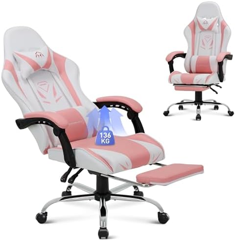Bild 13 - COLAMY Gaming Stuhl, Computer Stuhl mit Fußstütze und Lendenwirbelstütze, höhenverstellbarer Gaming Chair mit 360°-Drehsitz und Kopfstütze, Video Gamer PC Stuhl, Ergonomische hohe Rückenlehne, Weiß