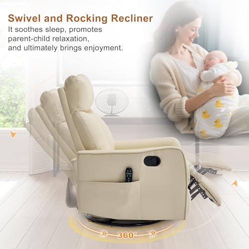 Image of Manual Swivel Rocker Recliner Chair for Adults, Overstuffed Reclining Glider Chair for Nursing with Vibration Massage & Heat, Living Room Rocking Recliner 2-Stage backrest, Faux Leather Light Yellow