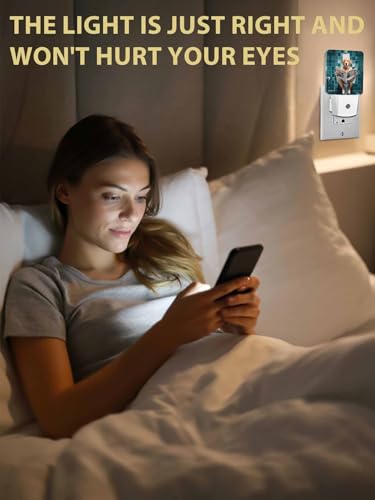 Image of Night Light Plug in LED Lamp Automatic Sensor Night Lights Plug into Wall Funny Dog Golden Retriever Sitting on The Toilet Reading Newspaper Bathroom Bedroom Hallway Bright Decor Dim Night-Lights