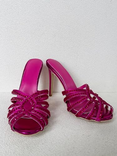 Frankie Hsu Ladies Girl Crystal Gems Strappy Stiletto High Heeled Sandals, Pink Rhinestone Designer Style, Big Large Size US4-14 Unisex Shoes For Women Men4