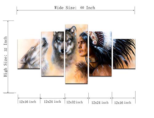 Native American Decor Indian Man In Ethnic Feather With Wolf Wall Art Canvas Painting 5 Pieces Modern Posters Prints Pictures Artwork For Living Room Home Decor Ready To Hang (60''Wx32''H) #TOP6