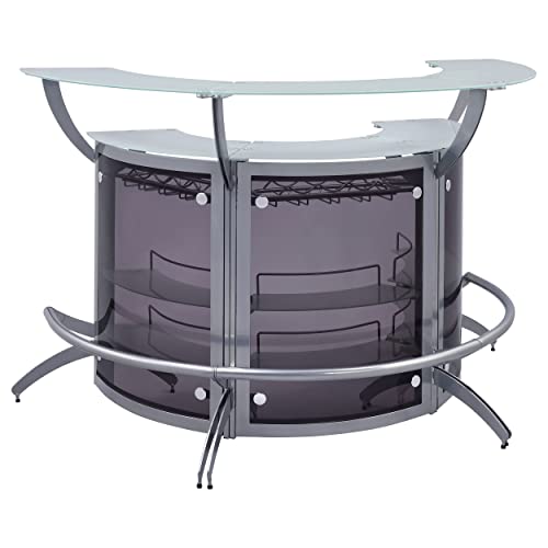 Coaster Modern Contemporary Metal 3Pc Curved Home Bar Table Storage Cabinet With Glass Top Shelves & Acrylic Panels, Silver #TOP11