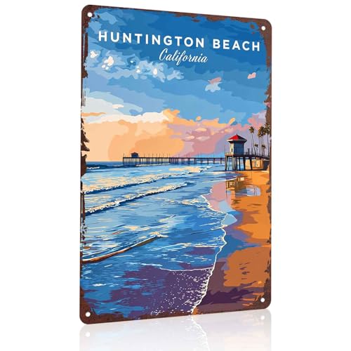 Huntington Beach California Metal Sign 8x12 Inch, Funny Wall Decor for Living Room Bedroom Office...