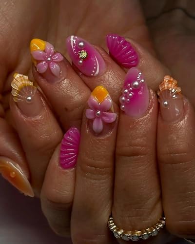 Handmade Pink Shell 3D Flower Press On Nails, Pearl Beach
