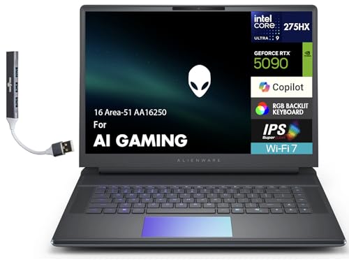 Image of Alienware 16 Area-51 AI Gaming Laptop 16.0 inch 240Hz WQXGA (2560x1600) (Intel Ultra 9-275HX, GeForce RTX 5090 24GB, 64GB DDR5, 8TB SSD, RGB KB, 2 Thunderbolt 5, Wi-Fi 7, Win11P) w /DKZ USB Port Expander