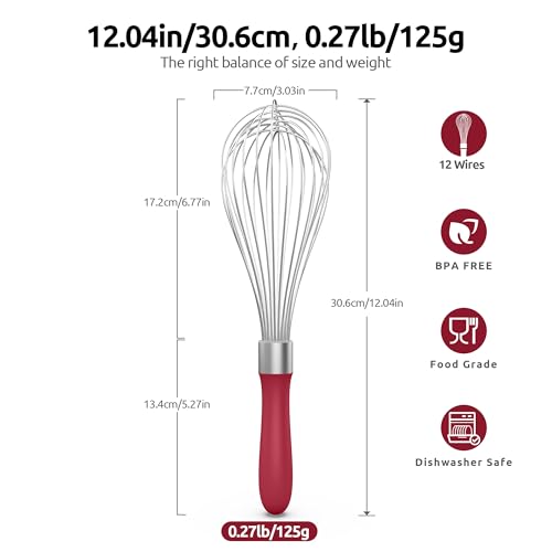 Image of U-Taste Wire Whisk for Cooking, 18 /10 Stainless Steel Balloon Wisk, L /Red