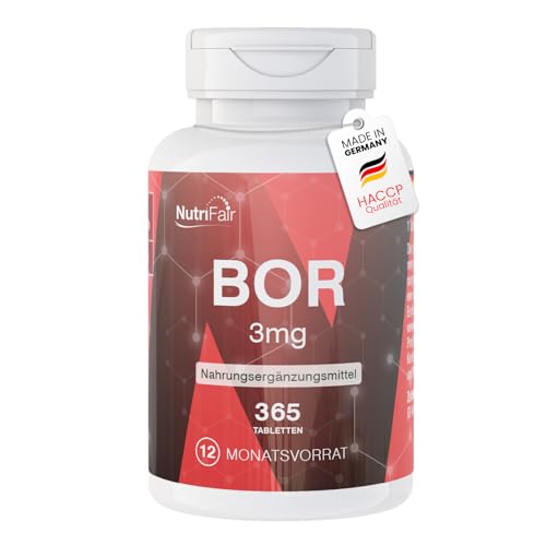 Boro 3mg - 365 comprimidos - Oligoelemento boro - Alta dosis - 100% vegano - Fabricación y control de laboratorio en Alemania - NutriFair | Premium & Fair