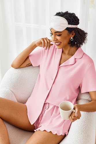 Image of Ekouaer Pajamas Set for Women Short Sleeve Sleepwear Button Down Pjs Lounge Sets Soft Nightwear