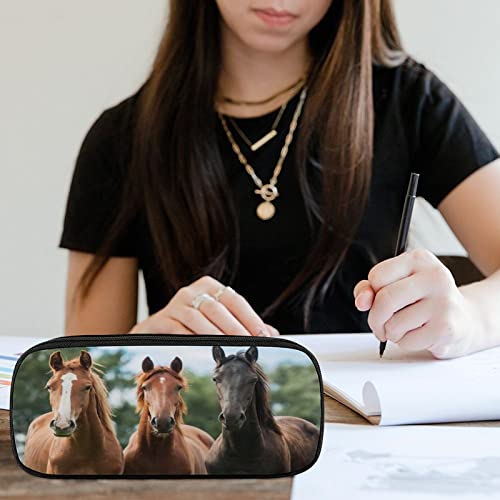 Kamuff Horse Pu Leather Quad Pen Case Zipper Pencil Pouch Holder For Pens Case Office Storage Box Organizer Pen Bag(8×1.5×3.5 In) #TOP4