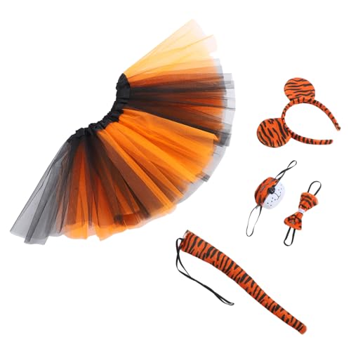 WOONEKY Disfraces de Tigre para Mujer y Niña Diadema con Orejas de Felino Suave Collar Decorativo Falda Tul Naranja y Negro Cosplay para Halloween Fiestas y Actuaciones
