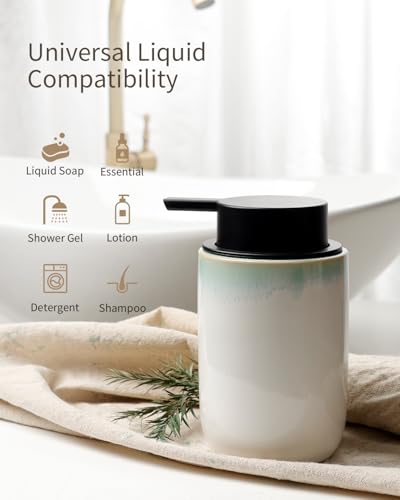 Image of BosilunLife Hand Soap Dispenser - Foam Soap Dispenser Bathroom Ceramic Dish Liquid Soap Dispenser for Kitchen, Bathroom Countertop Soap Dispensers (White with Blue-Green Rim Liquid Pump)