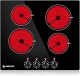 AMZCHEF 24 Inch Bulit-in Electric Cooktop, 240/6400W 11 Power Levels Ceramic Electric Stove with Knob Control,Residual Heat Indicator.