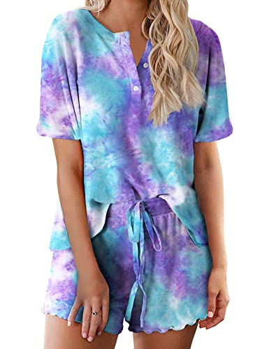 Image of Ekouaer Pajamas Set for Women Short Sleeve Lounge Set 2 Piece Loungewear PJs Soft Cute Lightweight Sleepwear