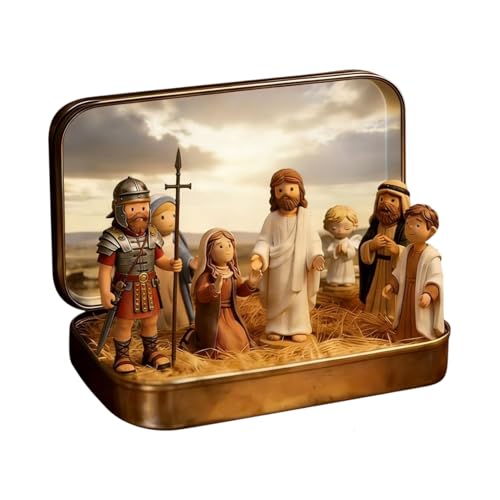 Petite figurine de Jésus, compacte et portable, 9,5 x 6 x 2,2 cm, scène miniature de la résurrection de Pâques dans une boîte en métal, ensemble de crèche de Noël en résine, commémoratif de Pâques