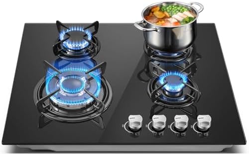 TopStrong Gas Hob 4 Burners, 60cm Black Glass Built-in Cooktop with 8060W Wok Burner & Thermocouple Protection, Natural Gas & LPG Compatible