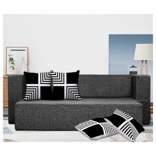 Dr. Smith Three Seater Sofa Cum Bed Jute Fabric (78x48x9 Inches, 3 Sits and 2 Sleeps) Washable Cover with 4 Printed Cushions - Color Black