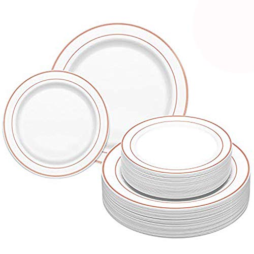 DRROT 60 Platos de Plástico Duro Desechables,Reutilizable y Reciclable Contiene: 30 Platos 26cm + 30 Platos de postres/Ensalada 19cm, Perfecto para Catering, Bodas, Fiestas y Eventos (Oro rosa)