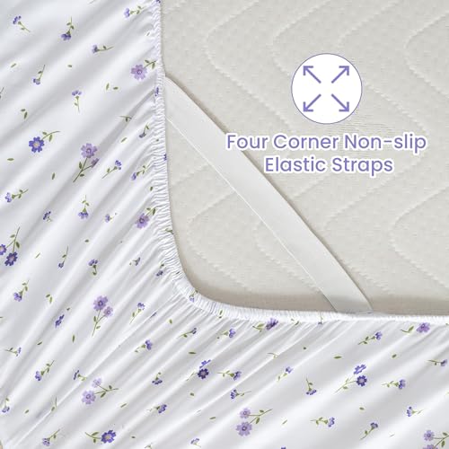Image of Softan Floral Full Sheet Set Purple Flower Printed Bed Sheets Double, Cozy Microfiber Patterned Fitted Sheets with 15 inch Deep Pocket & Non-Slip Straps, Cute Purple Sheets and Pillowcase Set