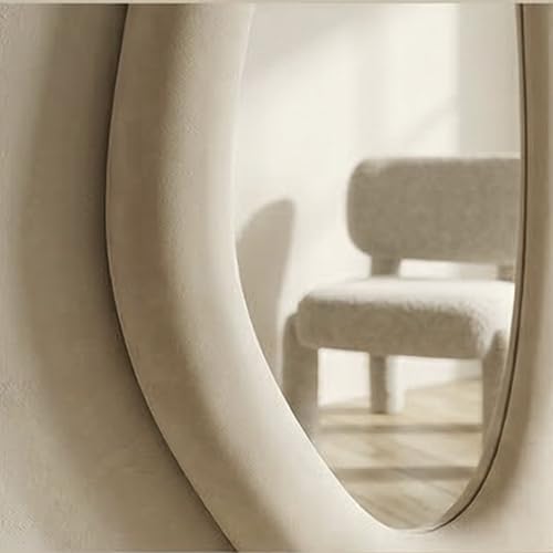 Image of The Artment Fluid Reflection Unbreakable Full-Length Asymmetrical Shape Mirror with Plush Velvet Beige Color Frame, Floor-Standing or wall-Leaning Design for Bedroom & Dressing Area (170 X 70 CM)