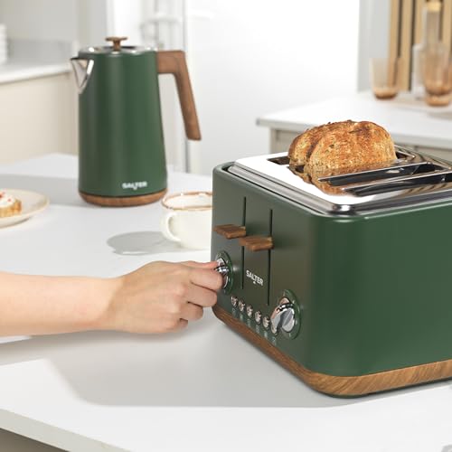 Salter Toronto 4-Slice Toaster – Wide Slots, 6 Browning Levels, Removable Crumb Tray, Defrost, Reheat, Cancel, Self-Centring Function, High-Lift Eject, 1630 W, Wood Effect, Green