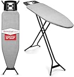 Bartnelli Extreme Stability Ironing Board 43x13 Upgraded Heavy-Duty Metal Frame & Iron Rest, Height Adjustable, Foldable, 4 Non-Skid Feet, 100% Cotton Cover, Made with Patent European Engineering