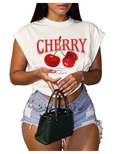 WDIRARA Women's Plus Size Cherry Letter Graphic T-Shirts Crew Neck Dolman Sleeve Crop Top White X-Large Plus