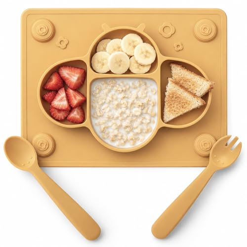 ROCCED Suction Plate with Spoon & Fork Set (Mustard)