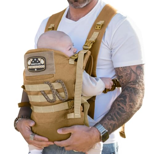 Dad Baby Carrier for Men with Adjustable Hip Snaps - Soft Infant Carrier with Magnetic Sunshade Protector Newborn Bibs 2 Carabiners Removable Waist Strap | Holds Babies and Infants Up to 44 Lbs Tan