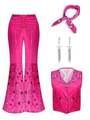 Cowgirl Costume 70s 80s Hippie Disco Outfits Pink Vest Top Flare Pant Halloween Margot Robbie Cosplay for Women S