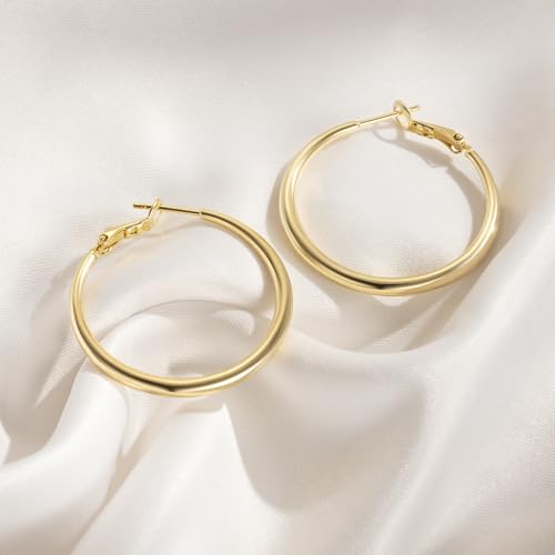 AMELINE 14K Gold Earrings for Women, Shiny Gold Hoops, Small Hoop Earrings for Women Trendy, Hypoallergenic Thicker Gold Hoop Earring, Well-polished Finish 30mm2