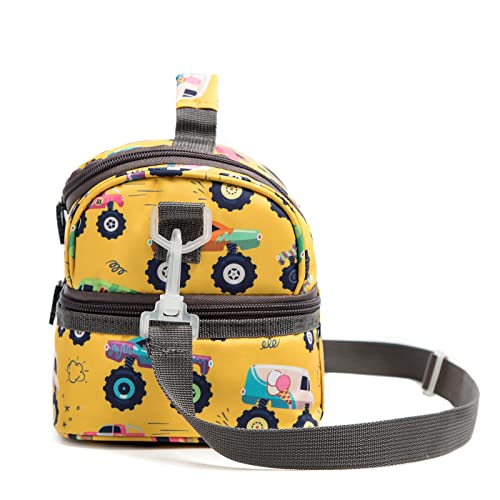 Life On Track Insulated Kids Double Decker Lunch Bag Tote Pack For Girls Boys Toddler School Picnic Food Cooler Hot Water Ice With Strap (Yellow Trucks) One Size #TOP5